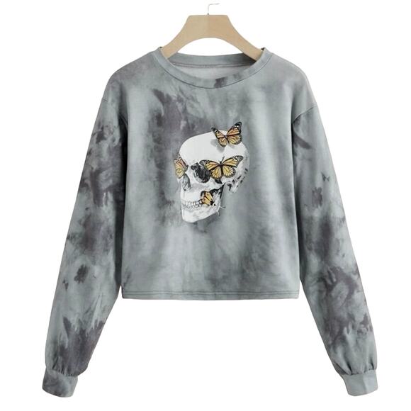 Rue 21 Romwe Gray White Tie Dye Skull Butterflies Halloween Crop Top Sm Size 4 - Picture 13 of 13